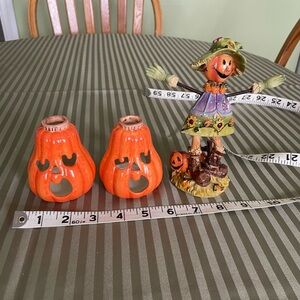 Autumn Harvest Orange Pumpkin Tea Light Holders & Scarecrow Figurine